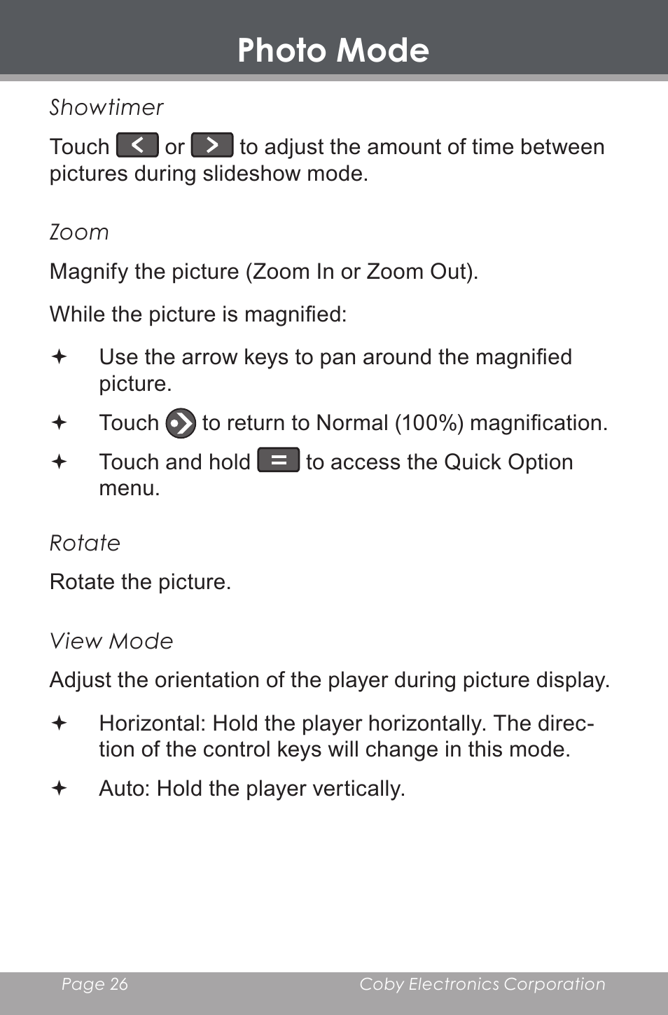 Photo mode | COBY electronic MP-705-4G User Manual | Page 26 / 58