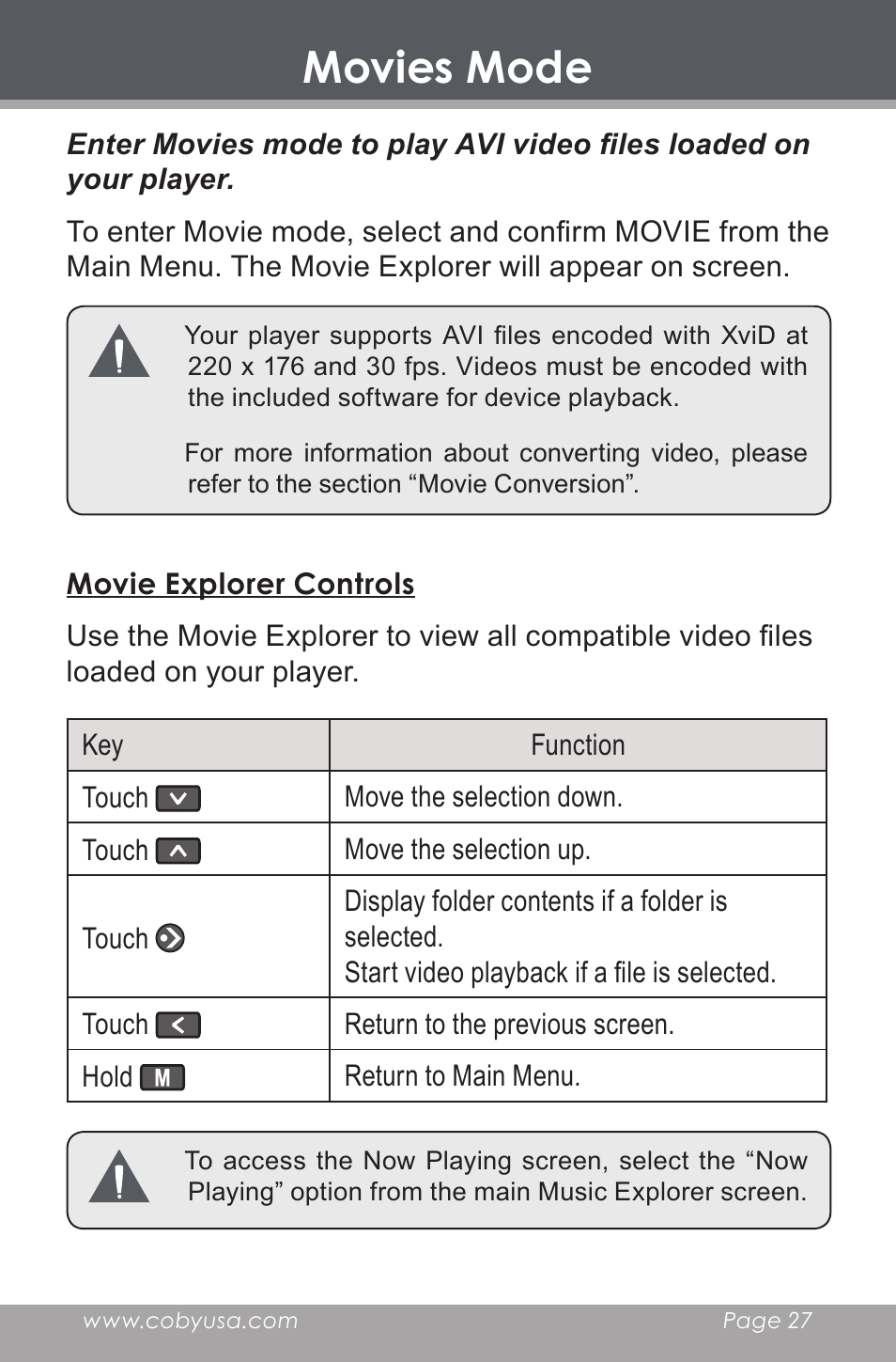 Movies mode, Movie explorer controls | COBY electronic MP-705-4G User Manual | Page 27 / 58