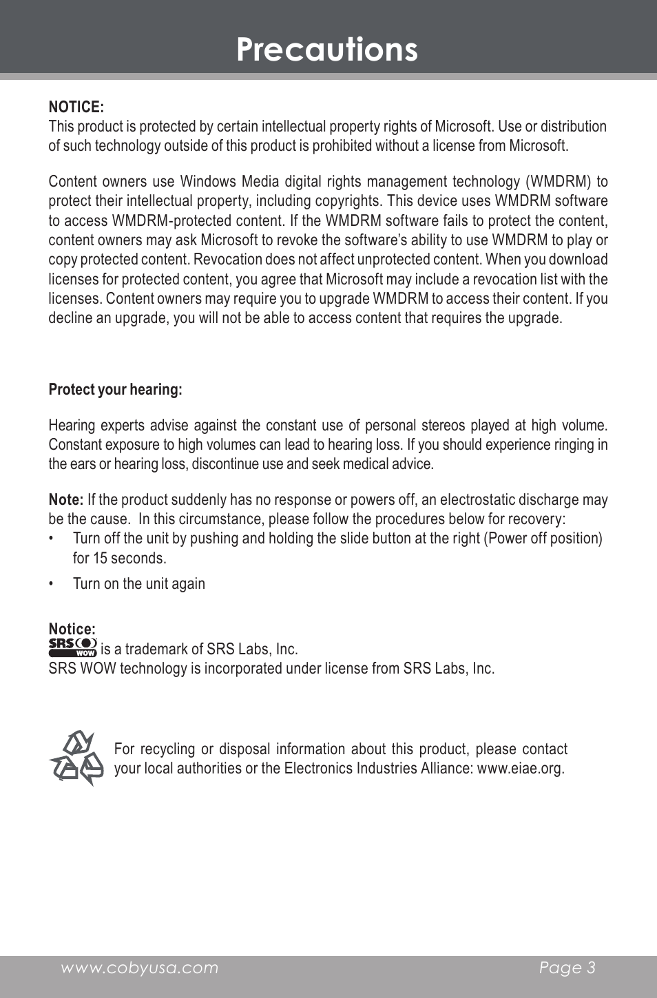 Precautions | COBY electronic MP-705-4G User Manual | Page 3 / 58