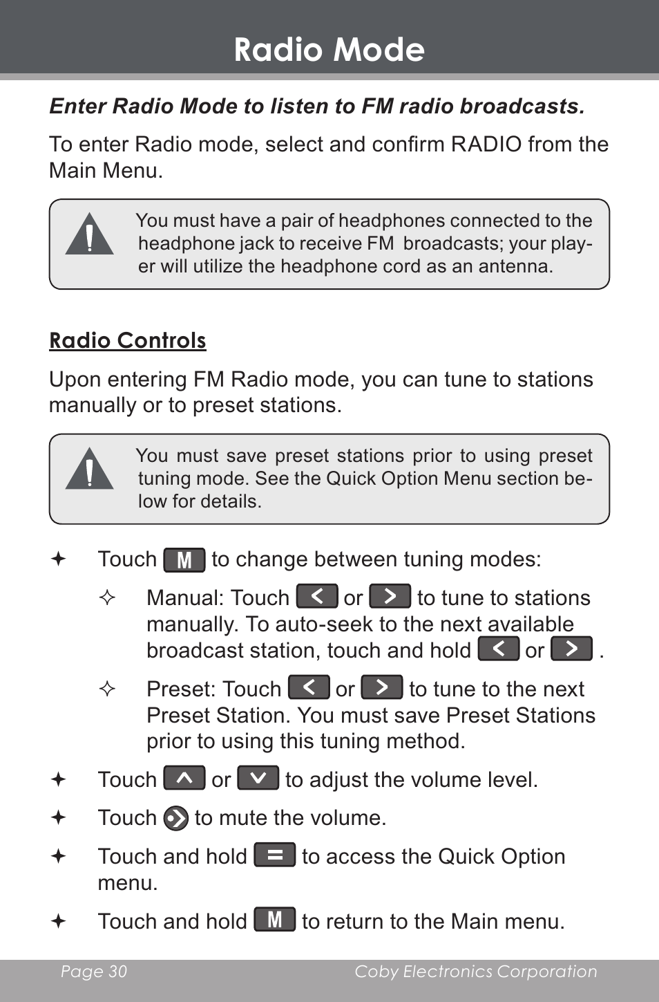 Radio mode, Radio controls | COBY electronic MP-705-4G User Manual | Page 30 / 58