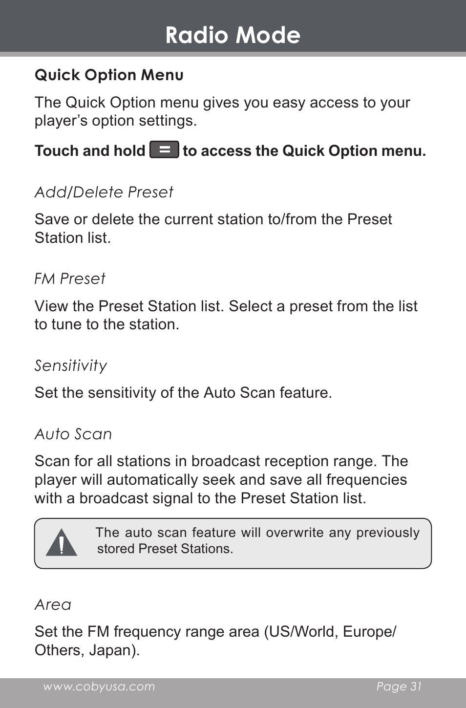 Quick option menu, Radio mode | COBY electronic MP-705-4G User Manual | Page 31 / 58