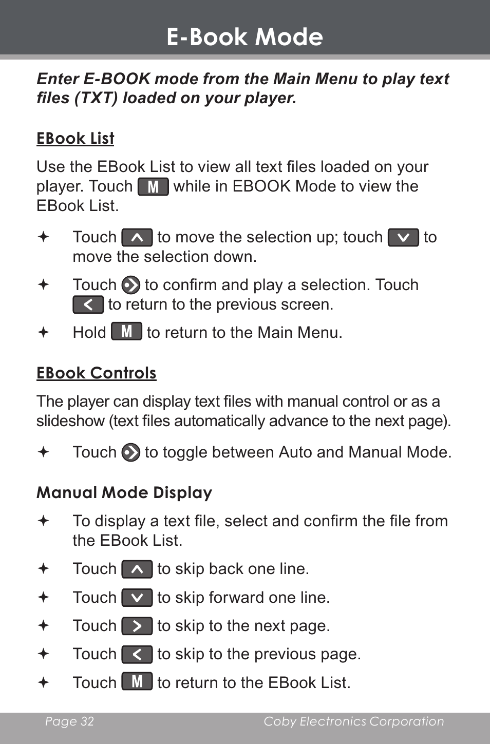 E-book mode, Ebook list, Ebook controls | Manual mode display | COBY electronic MP-705-4G User Manual | Page 32 / 58