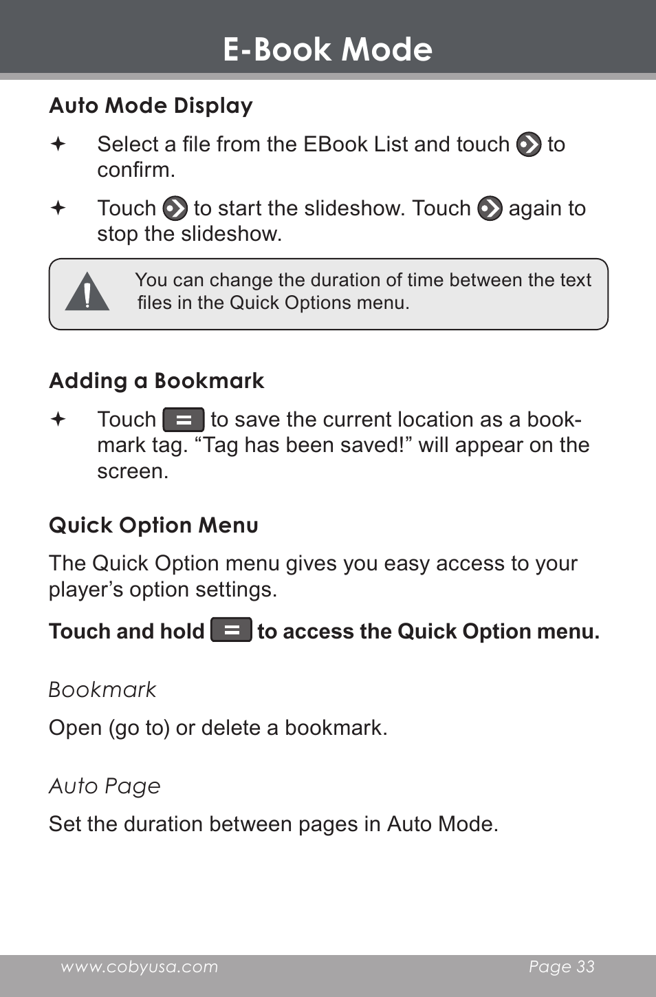 Auto mode display, Adding a bookmark, Quick option menu | E-book mode | COBY electronic MP-705-4G User Manual | Page 33 / 58