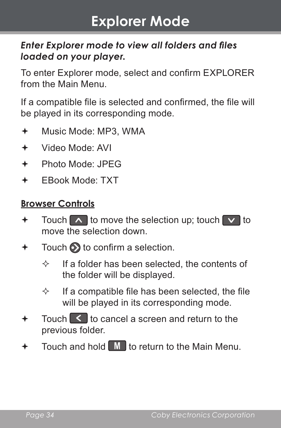 Explorer mode, Browser controls | COBY electronic MP-705-4G User Manual | Page 34 / 58