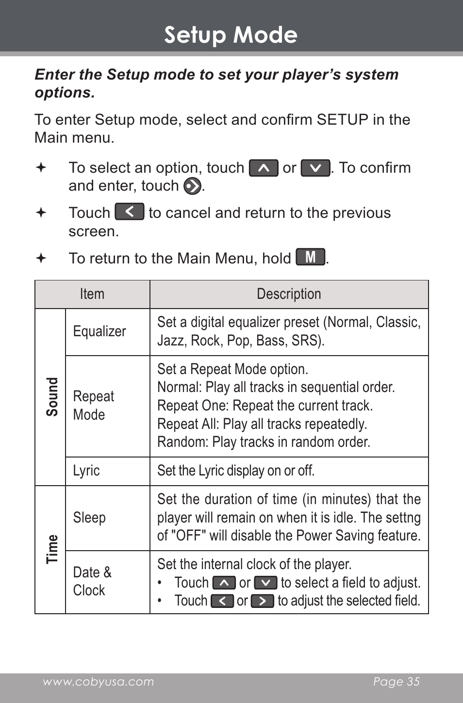 Setup mode | COBY electronic MP-705-4G User Manual | Page 35 / 58