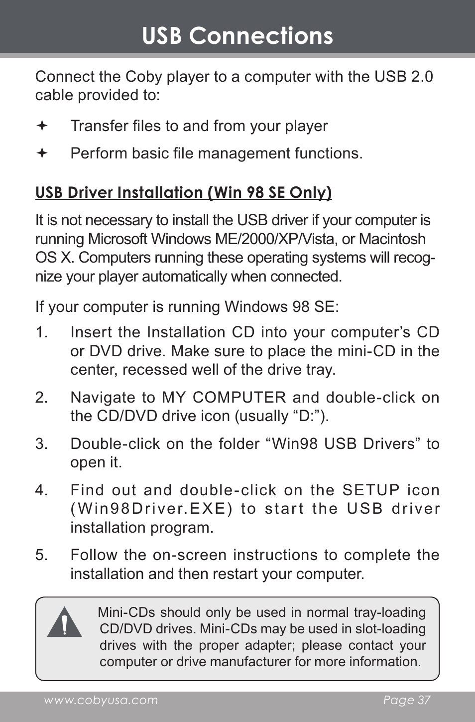 Usb connections, Usb driver installation (win 98 se only) | COBY electronic MP-705-4G User Manual | Page 37 / 58