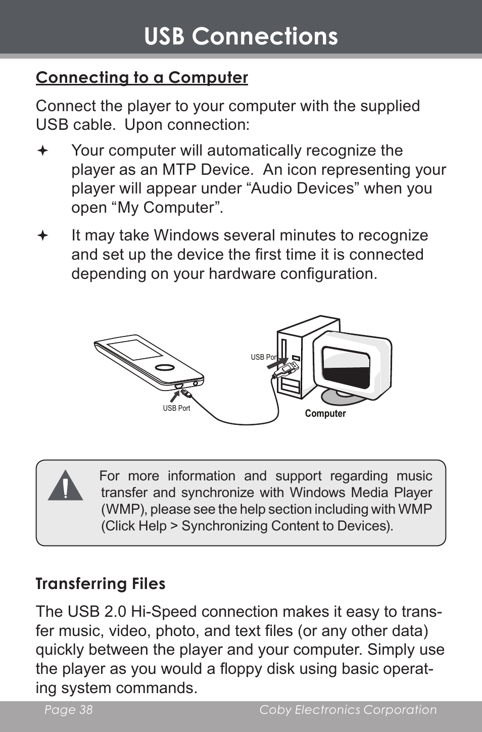 Connecting to a computer, Transferring files, Usb connections | COBY electronic MP-705-4G User Manual | Page 38 / 58