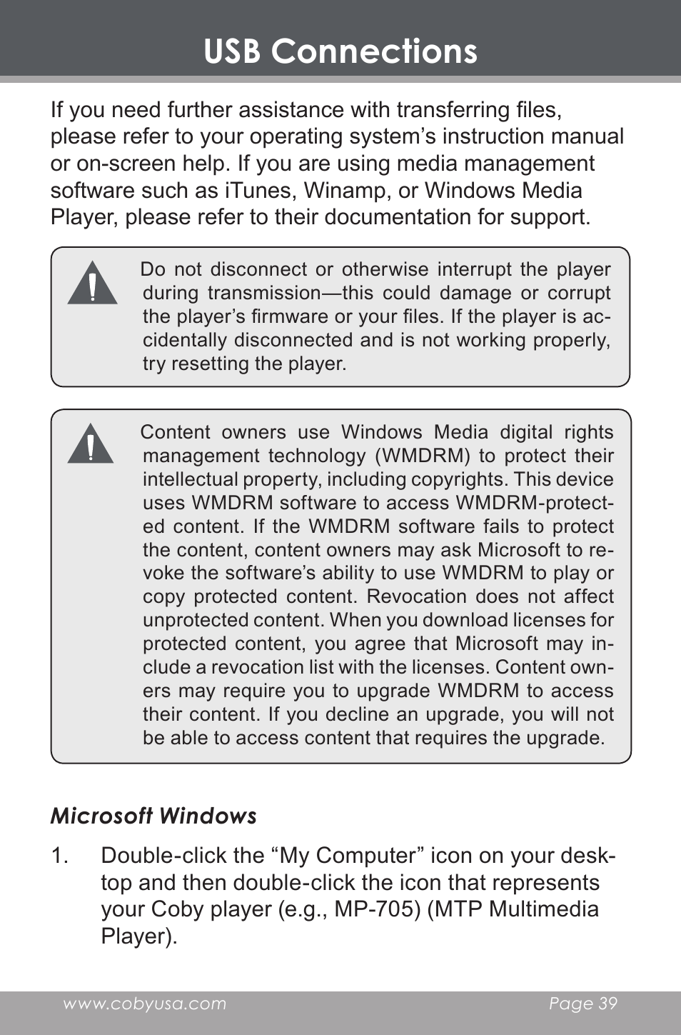 Usb connections | COBY electronic MP-705-4G User Manual | Page 39 / 58