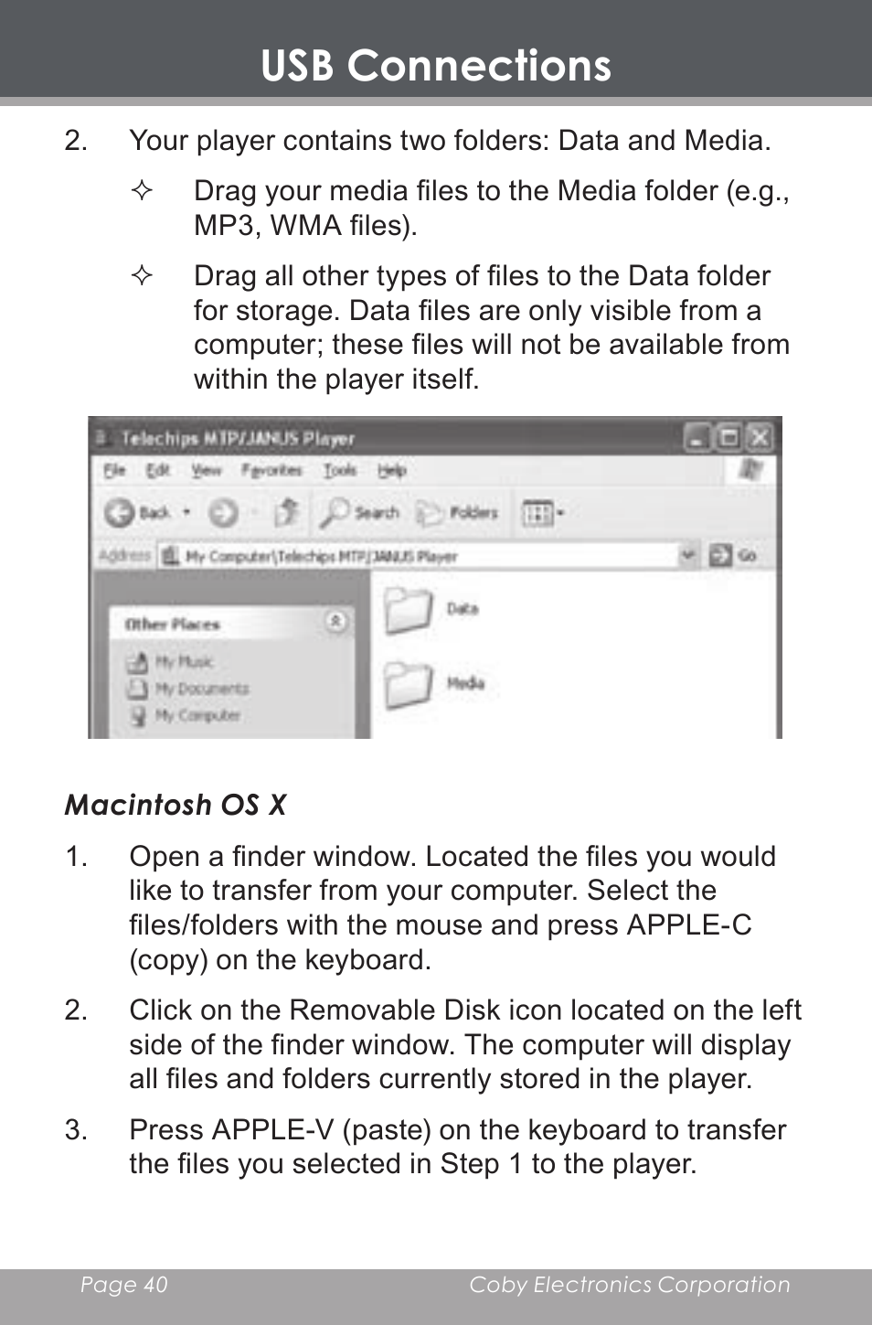 Usb connections | COBY electronic MP-705-4G User Manual | Page 40 / 58