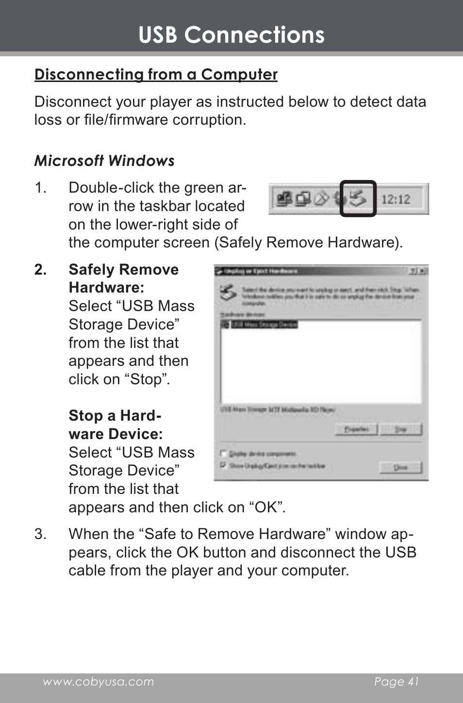 Disconnecting from a computer, Usb connections | COBY electronic MP-705-4G User Manual | Page 41 / 58