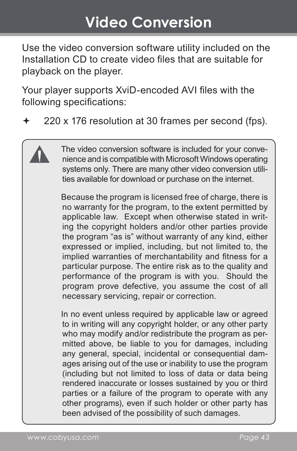 Video conversion | COBY electronic MP-705-4G User Manual | Page 43 / 58