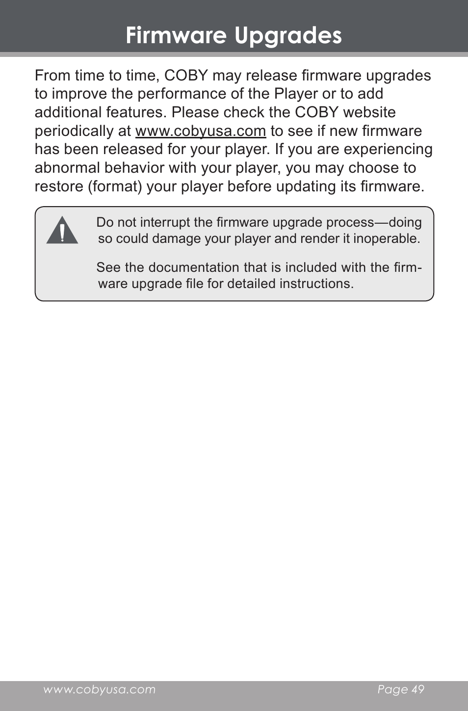 Firmware upgrades | COBY electronic MP-705-4G User Manual | Page 49 / 58