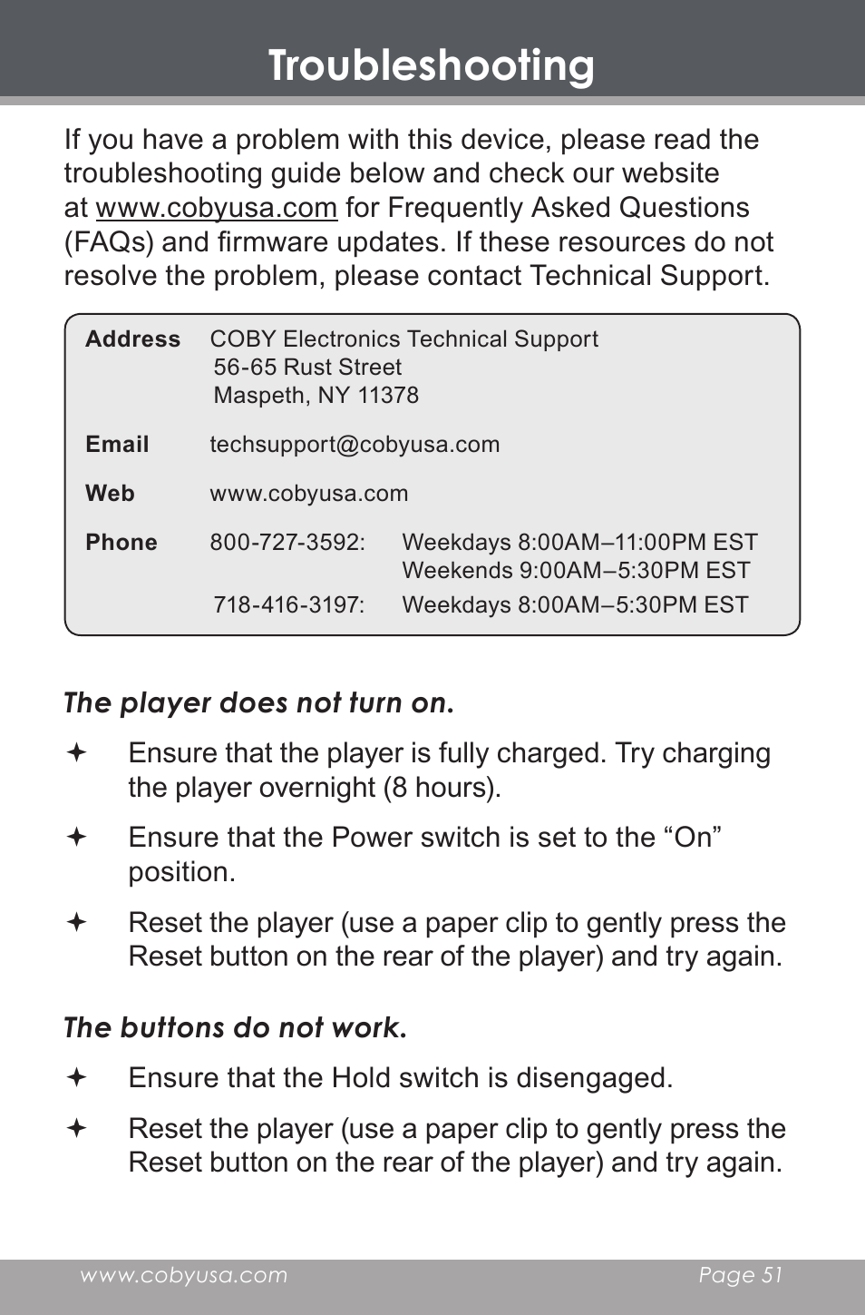 Troubleshooting | COBY electronic MP-705-4G User Manual | Page 51 / 58