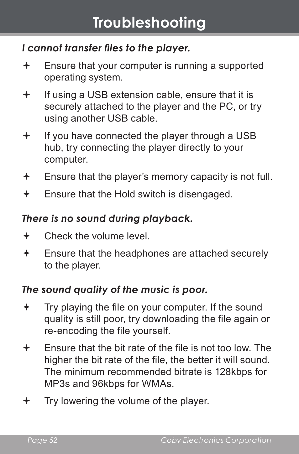 Troubleshooting | COBY electronic MP-705-4G User Manual | Page 52 / 58