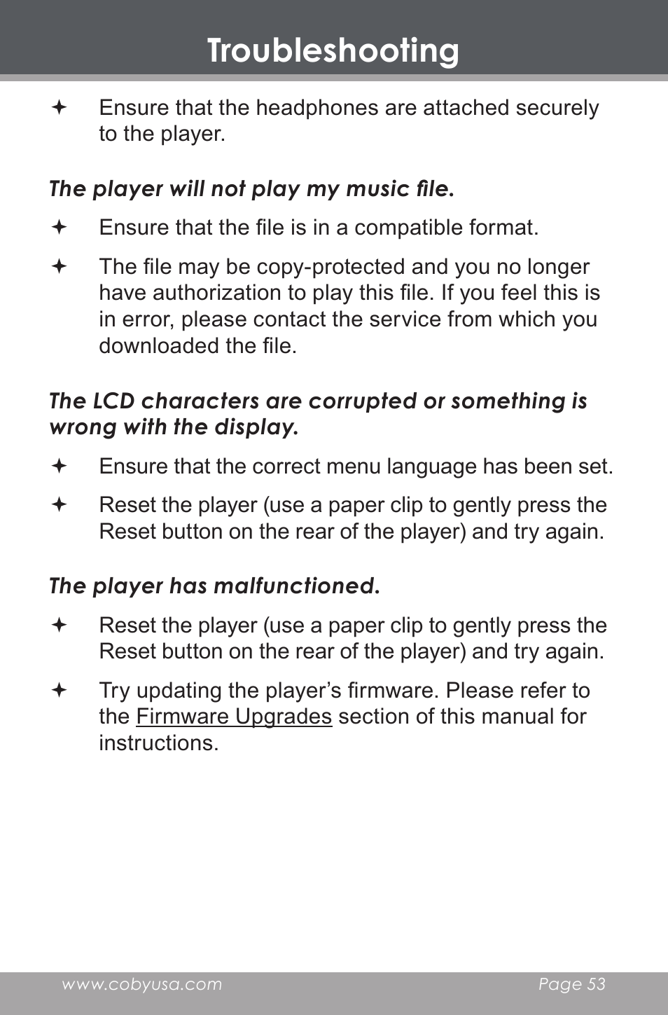 Troubleshooting | COBY electronic MP-705-4G User Manual | Page 53 / 58