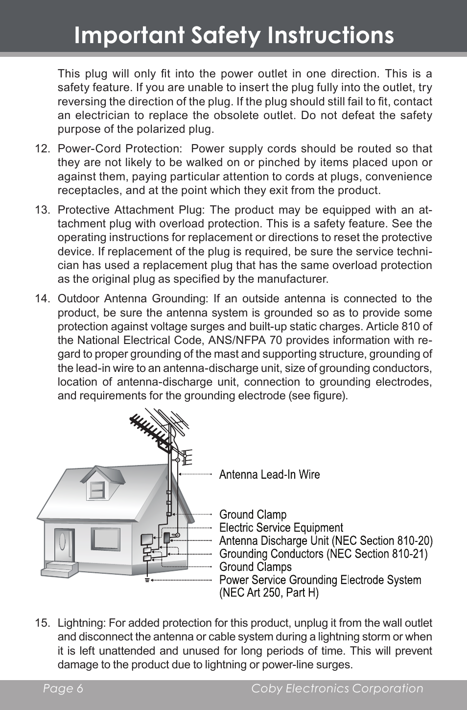 Important safety instructions | COBY electronic MP-705-4G User Manual | Page 6 / 58