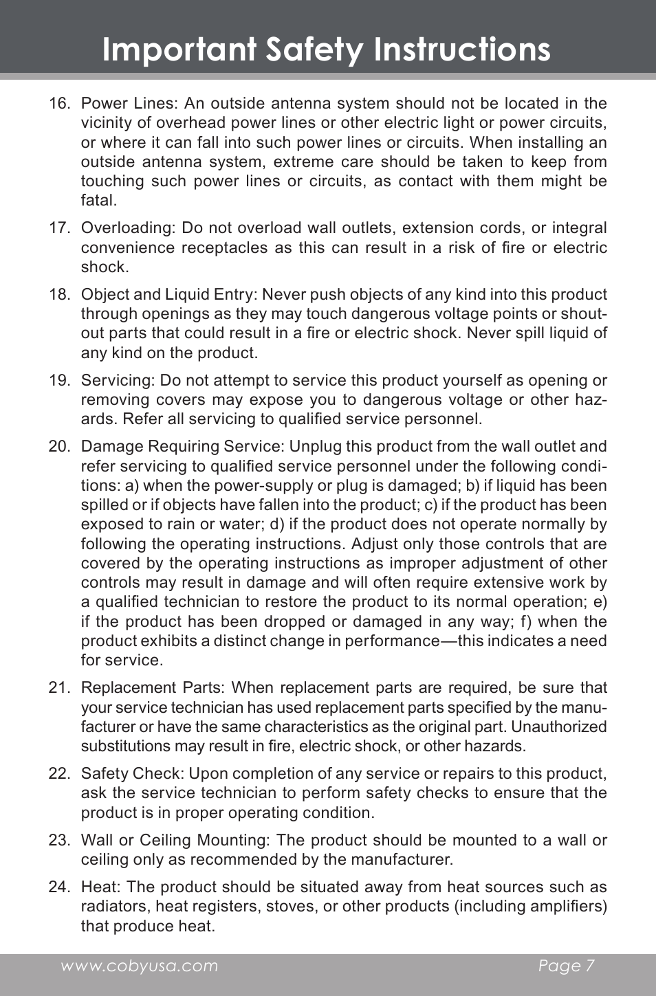 Important safety instructions | COBY electronic MP-705-4G User Manual | Page 7 / 58