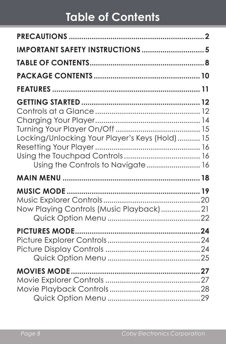 COBY electronic MP-705-4G User Manual | Page 8 / 58