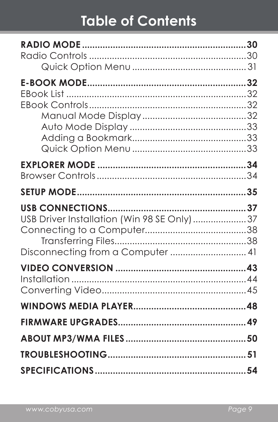 COBY electronic MP-705-4G User Manual | Page 9 / 58