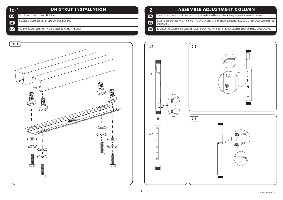 1c-1, Unistrut installation, Assemble adjustment column | Crimson C37D-36A User Manual | Page 5 / 8