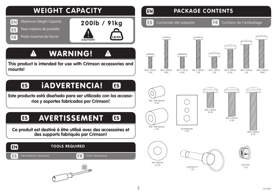 Warning, Iadvertencia, Avertissement | Weight capacity, Package contents | Crimson C63 User Manual | Page 2 / 5