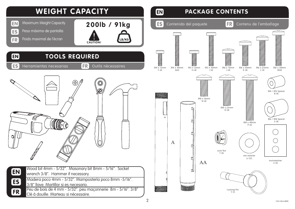 Weight capacity, Package contents, Tools required | Crimson C63-36A User Manual | Page 2 / 8