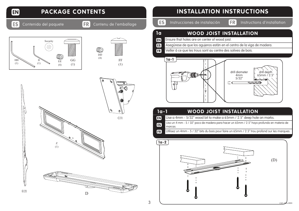 Package contents, Installation instructions, Wood joist installation 1a-1 | Wood joist installation | Crimson C63-36A User Manual | Page 3 / 8