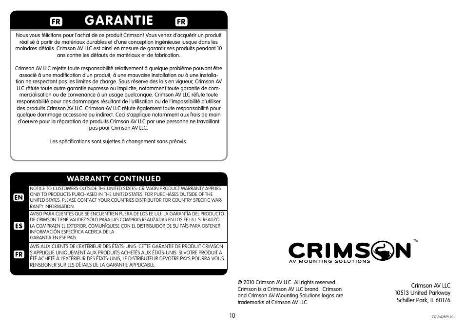 Garantie, Warranty continued | Crimson CQUAD55V User Manual | Page 10 / 10
