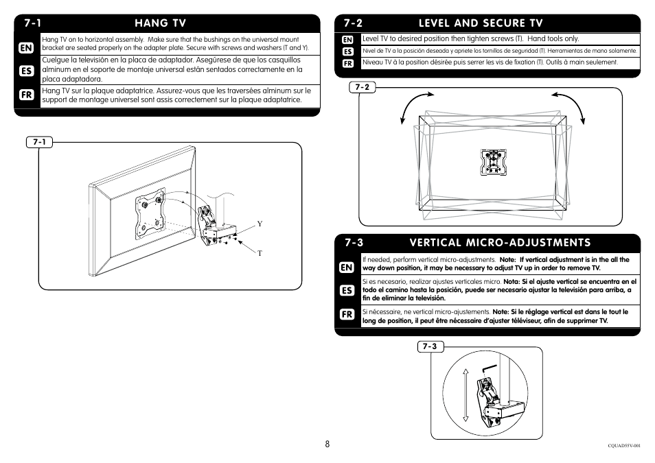 1 hang tv, 2 level and secure tv, 3 vertical micro-adjustments | Crimson CQUAD55V User Manual | Page 8 / 10