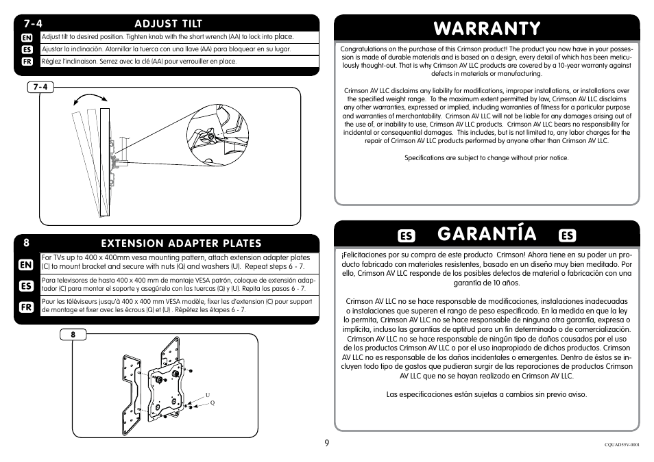 Warranty garantía, Adjust tilt 7-4, 8extension adapter plates | Crimson CQUAD55V User Manual | Page 9 / 10