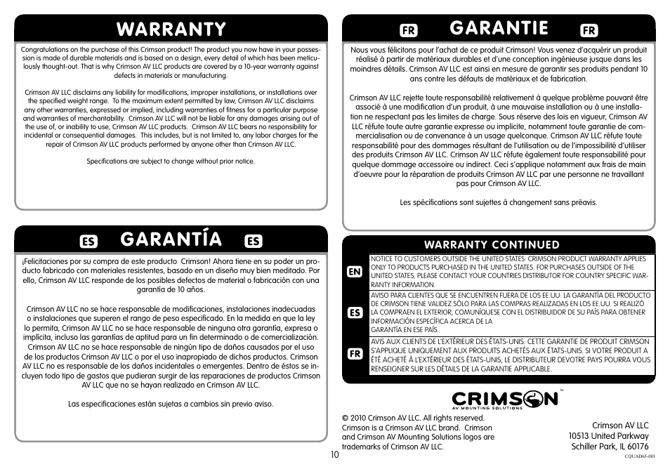 Warranty garantía, Garantie, Warranty continued | Crimson CQUAD65 User Manual | Page 10 / 10