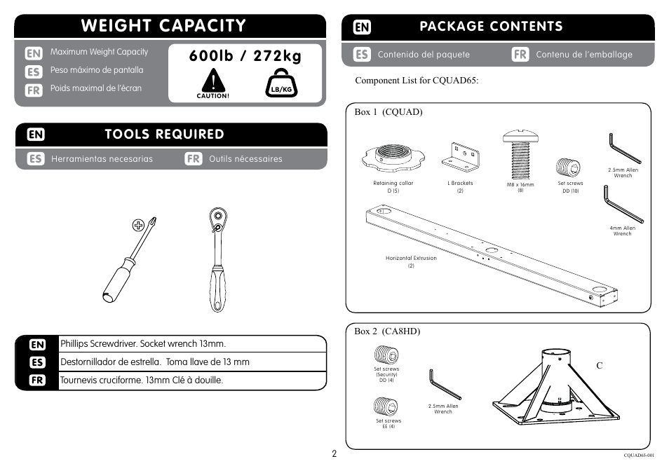 Weight capacity, Package contents, Tools required | Crimson CQUAD65 User Manual | Page 2 / 10