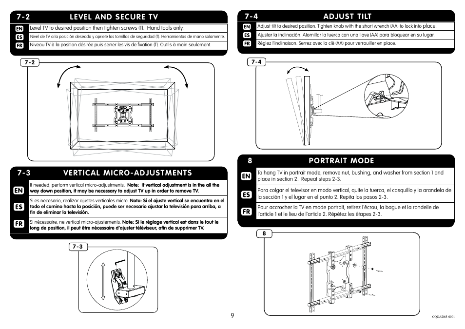 Adjust tilt 7-4, 2 level and secure tv, 3 vertical micro-adjustments | 8portrait mode | Crimson CQUAD65 User Manual | Page 9 / 10