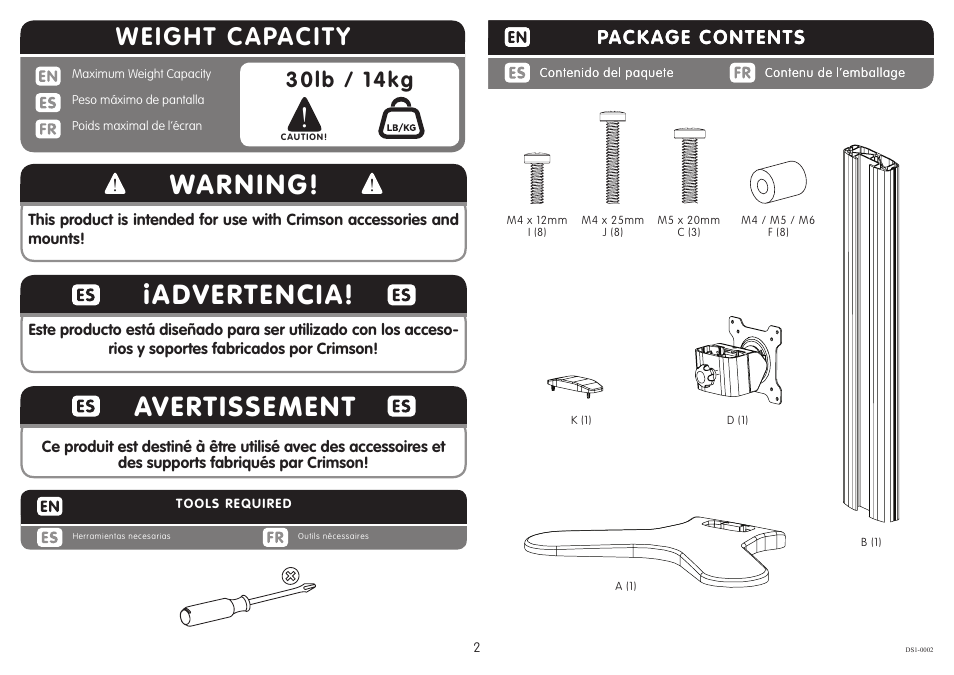 Warning, Iadvertencia, Avertissement | Weight capacity, 30lb / 14kg, Package contents | Crimson DS1 User Manual | Page 2 / 5