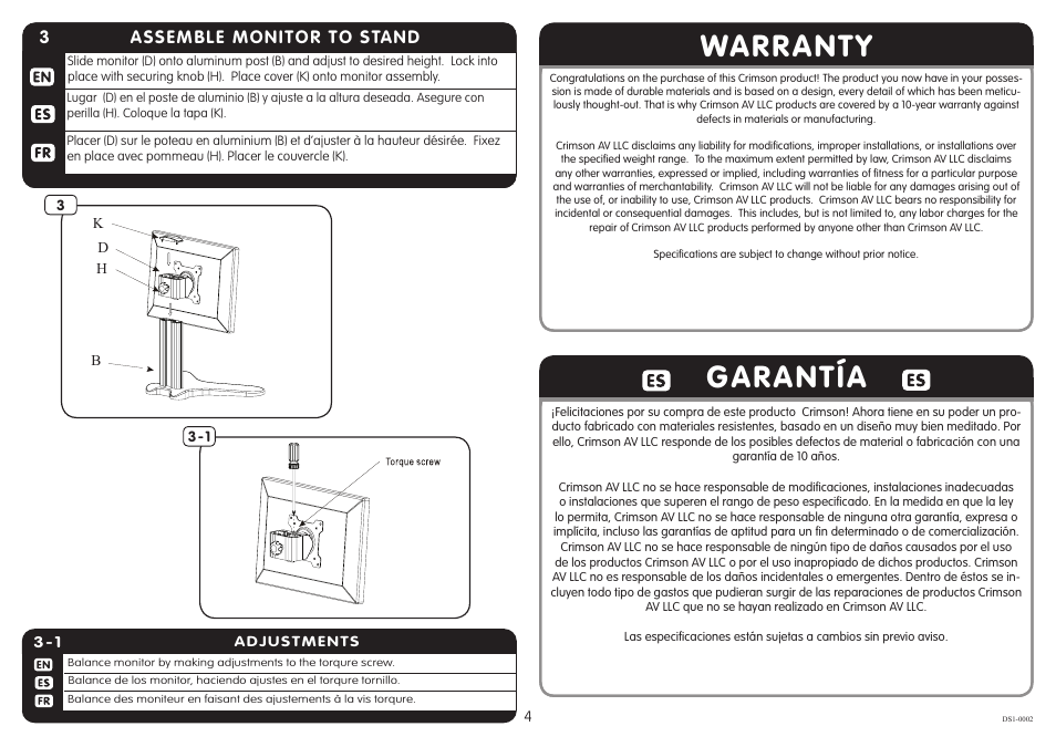 Warranty garantía, 33 hang tv, 3assemble monitor to stand | Crimson DS1 User Manual | Page 4 / 5