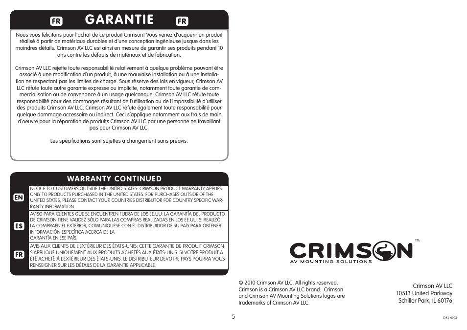 Garantie, Warranty continued | Crimson DS1 User Manual | Page 5 / 5