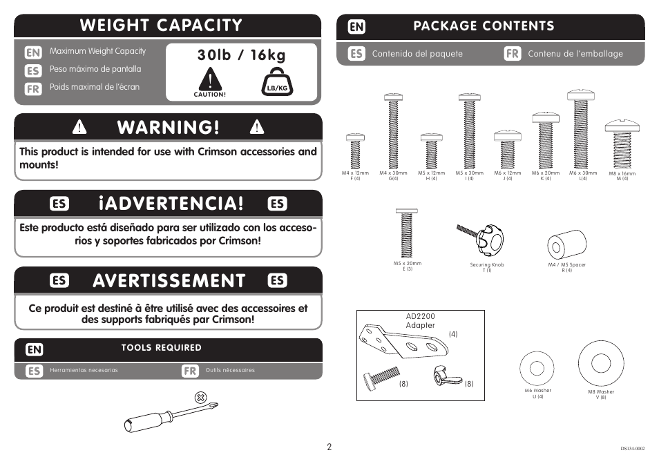 Warning, Iadvertencia, Avertissement | Weight capacity, 30lb / 16kg, Package contents | Crimson DS134 User Manual | Page 2 / 6