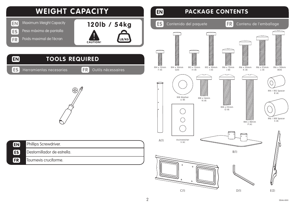 Weight capacity, Package contents, Tools required | Crimson DS46 User Manual | Page 2 / 6