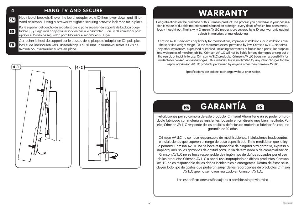 Warranty garantía, 4hang tv and secure | Crimson DS55 User Manual | Page 5 / 6