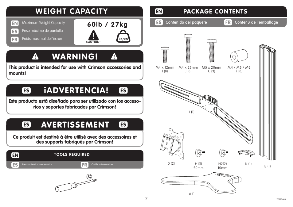 Warning, Iadvertencia, Avertissement | Weight capacity, 60lb / 27kg, Package contents | Crimson DSH2 User Manual | Page 2 / 5