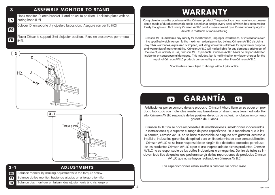 Warranty garantía, 33 hang tv, 3assemble monitor to stand | Crimson DSH2 User Manual | Page 4 / 5