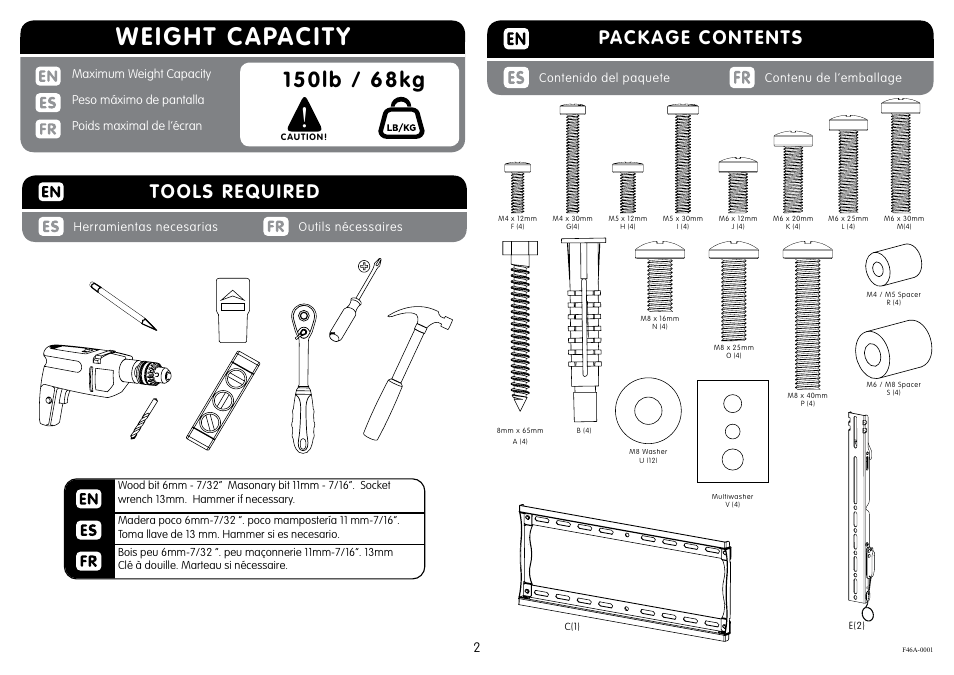 Weight capacity, Package contents, Tools required | Crimson F46A User Manual | Page 2 / 9
