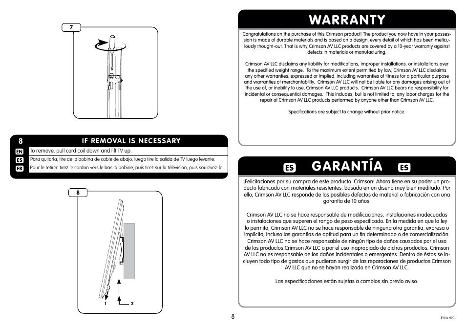 Warranty garantía | Crimson F46A User Manual | Page 8 / 9