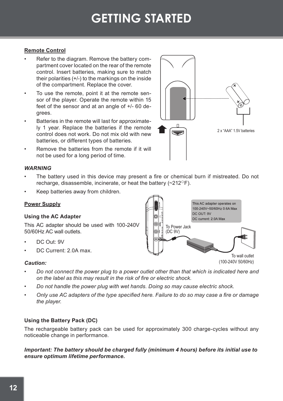 Getting started, Remote control, Power supply | Using the ac adapter, Using the battery pack (dc) | COBY electronic TF-DVD450 User Manual | Page 12 / 28