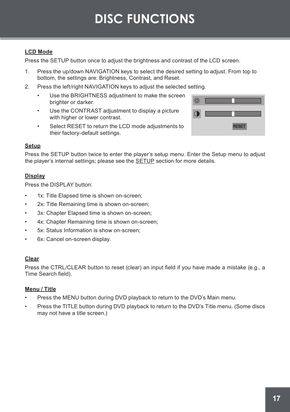 Disc functions, Lcd mode, Setup | Display, Clear, Menu / title | COBY electronic TF-DVD450 User Manual | Page 17 / 28