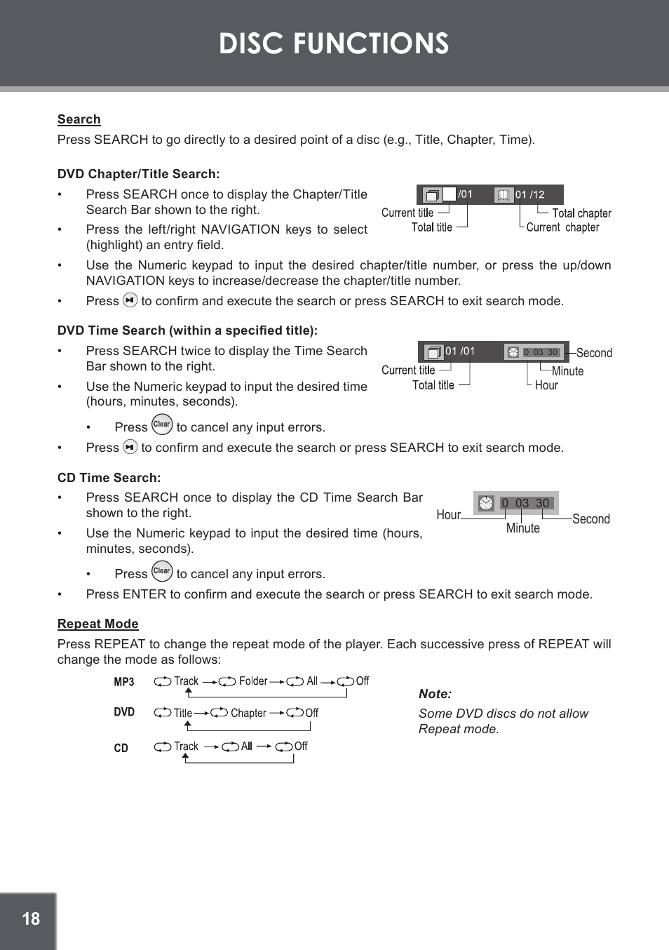 Search, Dvd chapter/title search, Dvd time search (within a specified title) | Cd time search, Repeat mode, Disc functions | COBY electronic TF-DVD450 User Manual | Page 18 / 28
