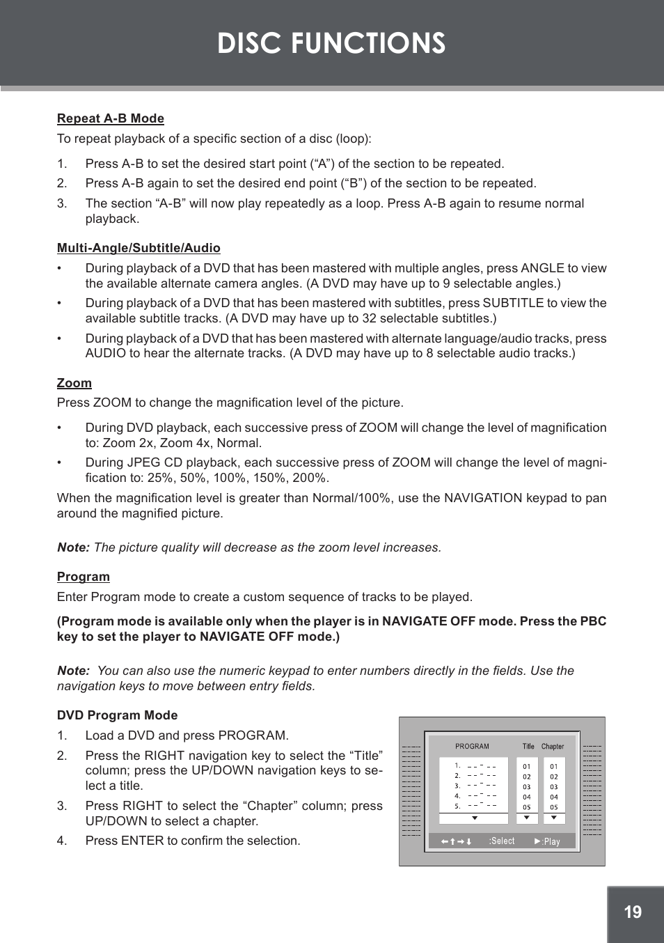 Repeat a-b mode, Multi-angle/subtitle/audio, Zoom | Program, Dvd program mode, Disc functions | COBY electronic TF-DVD450 User Manual | Page 19 / 28