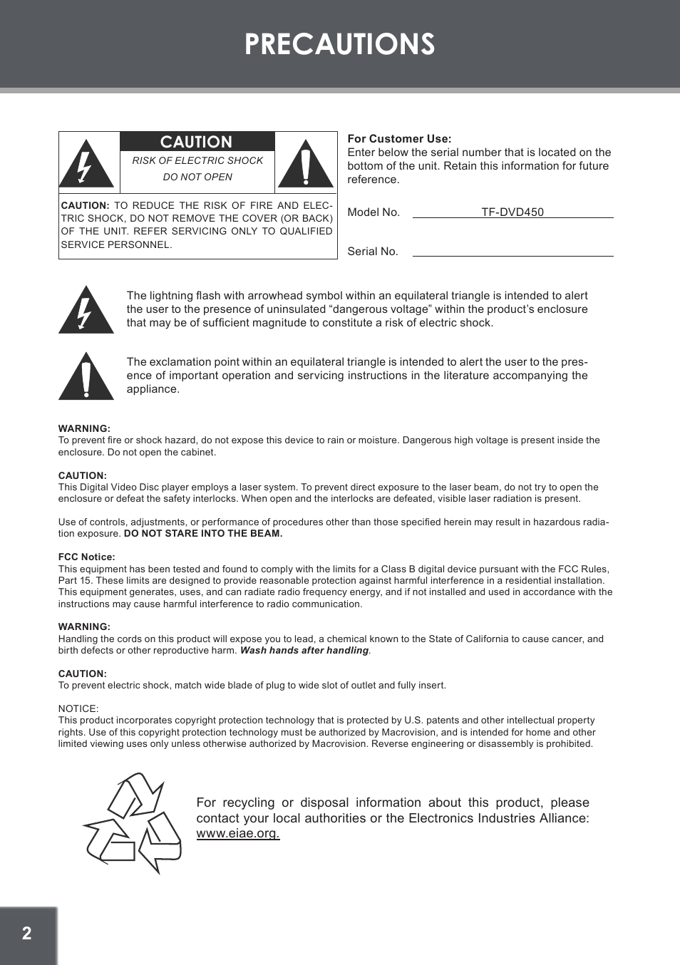 Precautions, Caution | COBY electronic TF-DVD450 User Manual | Page 2 / 28