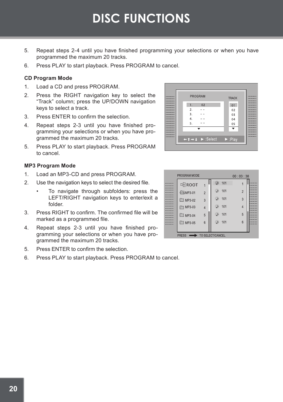 Cd program mode, Mp3 program mode, Disc functions | COBY electronic TF-DVD450 User Manual | Page 20 / 28