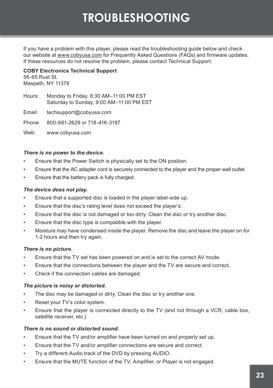 Troubleshooting | COBY electronic TF-DVD450 User Manual | Page 23 / 28